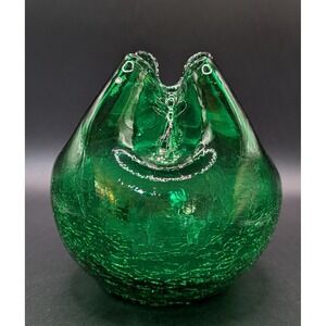 Vtg MCM Pilgrim Crackle Glass Four Pleat Rose Bowl Brilliant Emerald Green 5"
